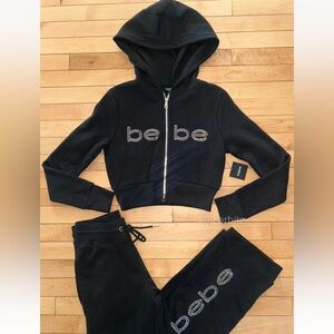 NEW! NWT BEBE Bling Rhinestone Logo Hoodie & Pants Tracksuit Set Black Size S
